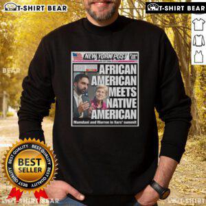 Official New York Post cover featuring Mamdani and Warren at Liars Summit in American Meets Native American sweatshirt.