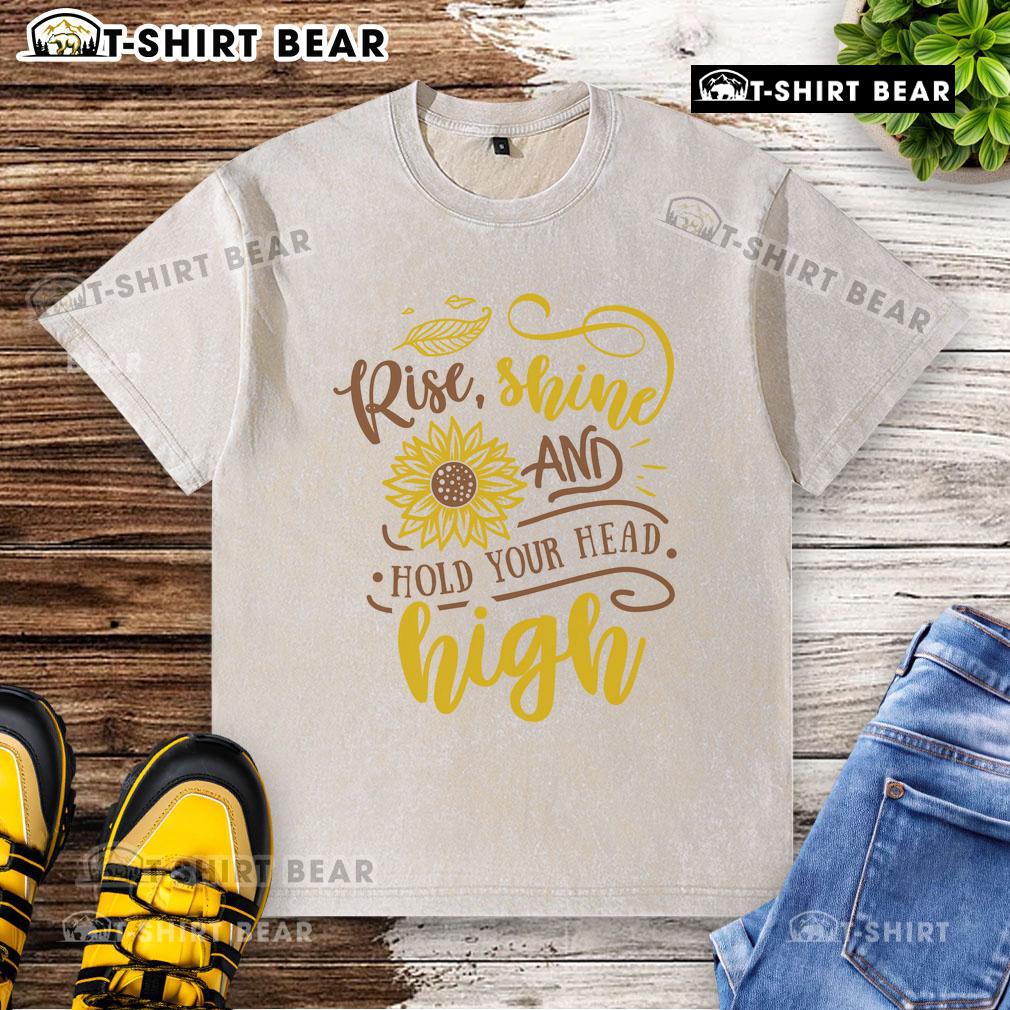 Official Rise Shine And Hold Your Head Sunflower Washed T-Shirt featuring a vibrant sunflower design on soft fabric.