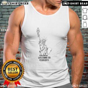 Alt Text: Official welcome to Fear City tank top featuring a skeleton Statue of Liberty design for Halloween enthusiasts.