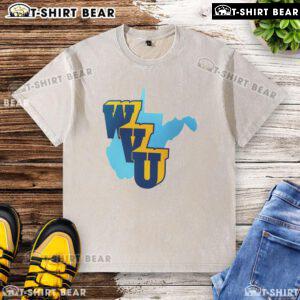 1965 Throwback West Virginia Mountaineers football washed t-shirt featuring vintage design and team colors.