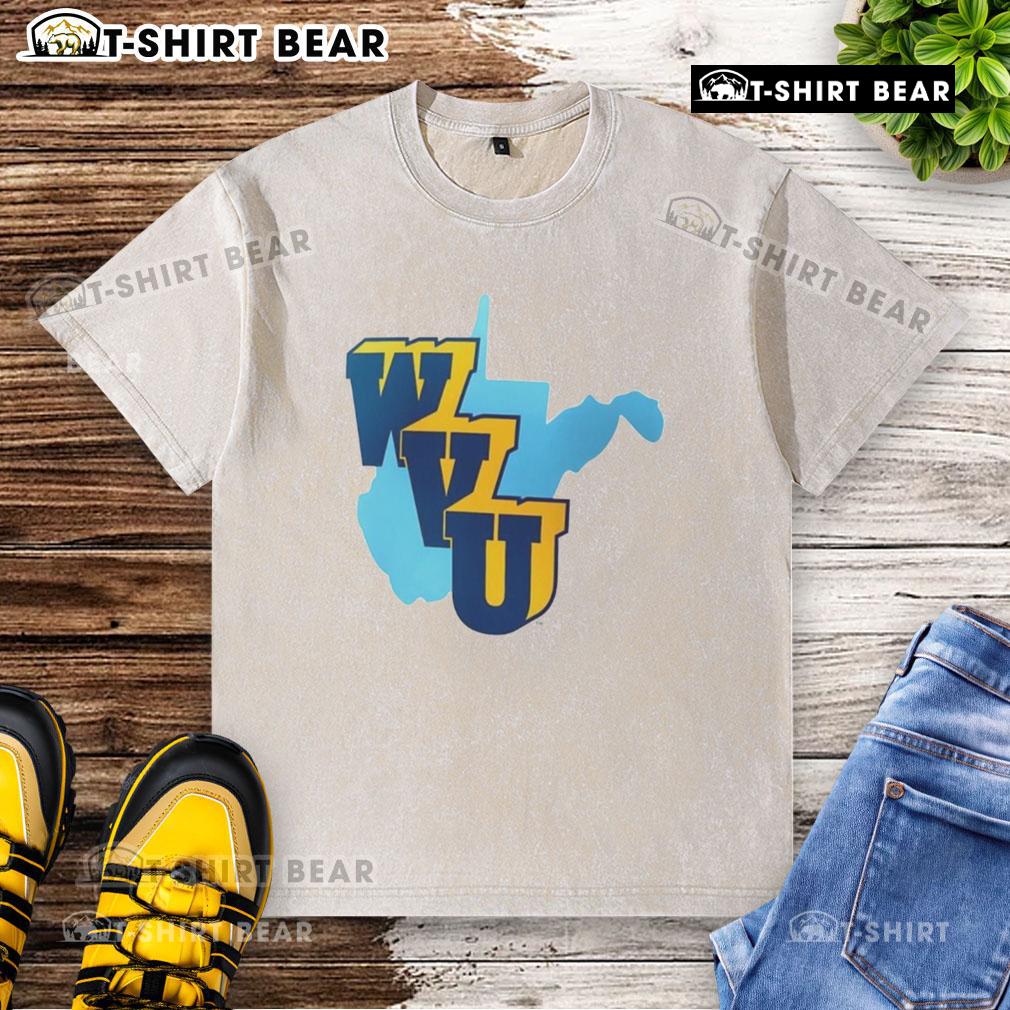 1965 Throwback West Virginia Mountaineers football washed t-shirt featuring vintage design and team colors.