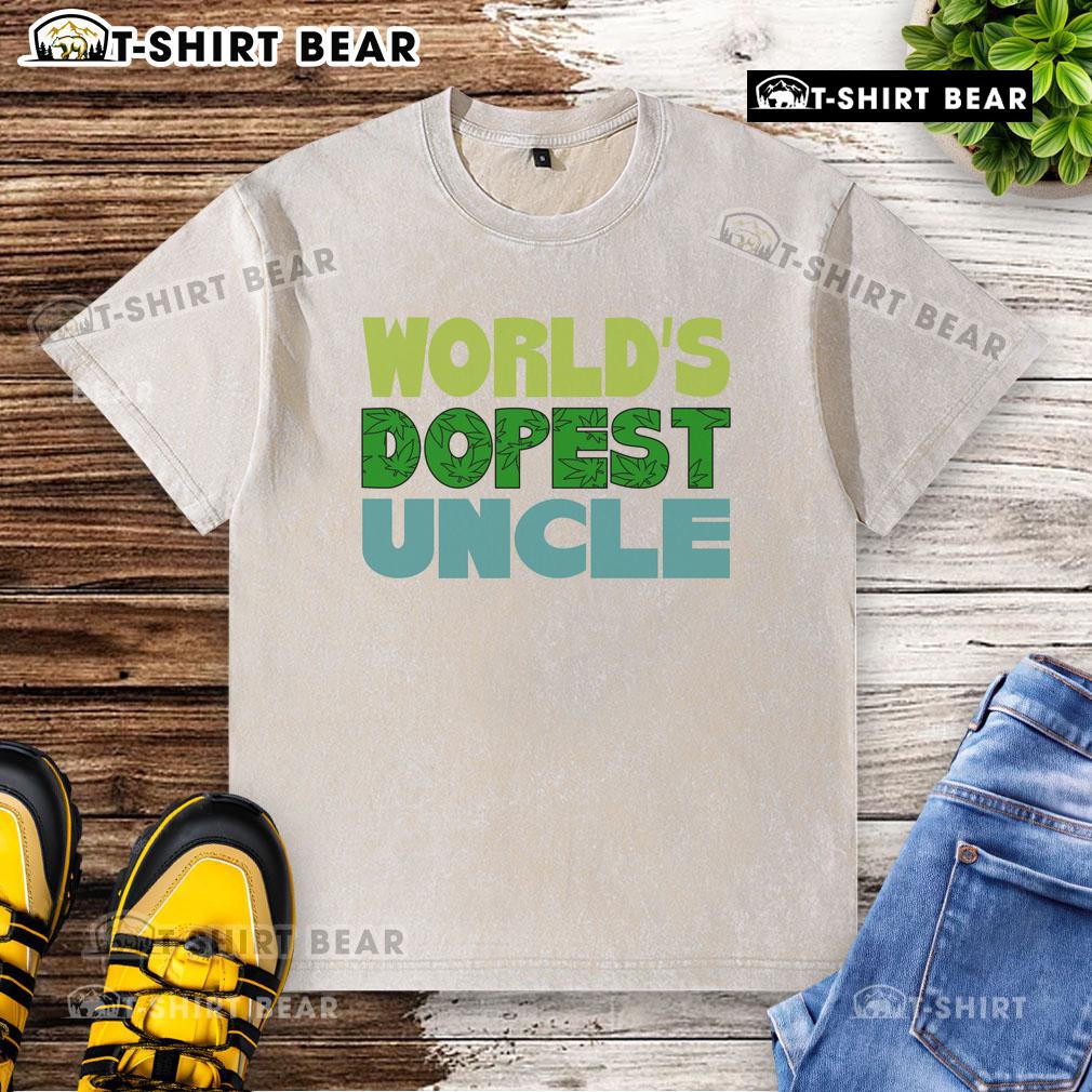 Official Worlds Dopest Uncle washed t-shirt featuring bold graphic design, perfect for casual wear and gifts.