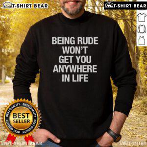 Alt Text: Yeji wearing a Being Rude Won't Get You Anywhere in Life sweatshirt, promoting positivity and kindness.