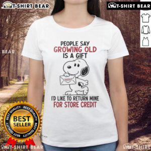 Alt Text: Original Snoopy graphic tee featuring the quote 'Growing old is a gift, I'd like to return mine for credit'.