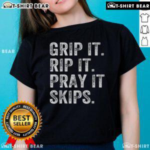 Alt Text: Premium Grip It Rip It Pray It Skips Disc Golf Ladies Tee featuring vibrant colors and stylish design for female players.