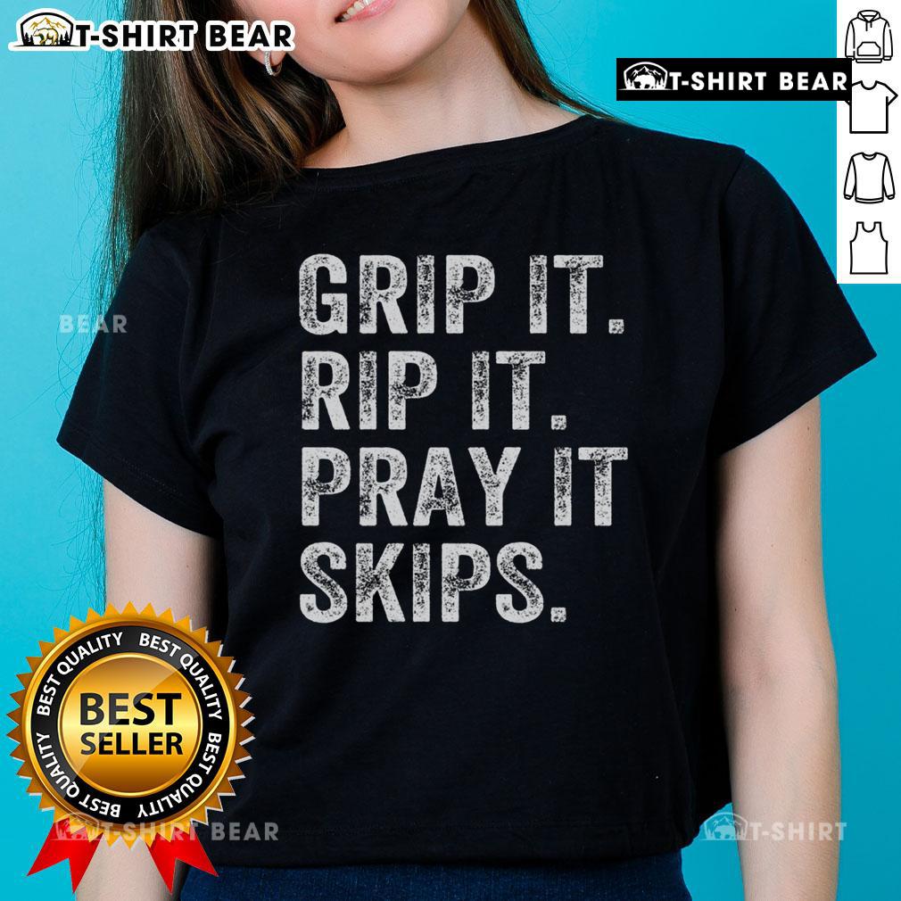 Alt Text: Premium Grip It Rip It Pray It Skips Disc Golf Ladies Tee featuring vibrant colors and stylish design for female players.