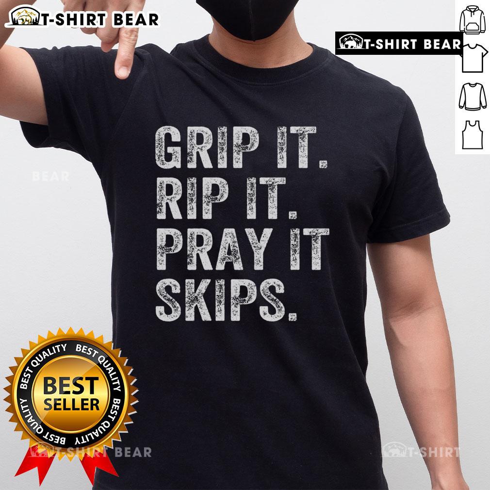 Premium Grip It Rip It Pray It Skips Disc Golf T-Shirt featuring a vibrant graphic for disc golf enthusiasts.