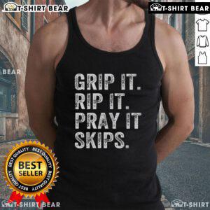 Premium Grip It Rip It Pray It Skips Disc Golf tank top in vibrant colors, perfect for disc golf enthusiasts.