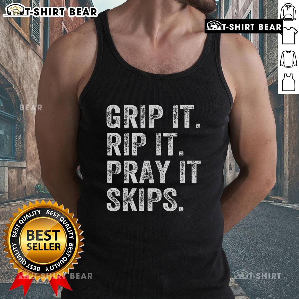 Premium Grip It Rip It Pray It Skips Disc Golf tank top in vibrant colors, perfect for disc golf enthusiasts.