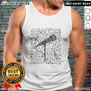 Premium singer microphone with musical notes design on a tank top for singing teachers and musicians.