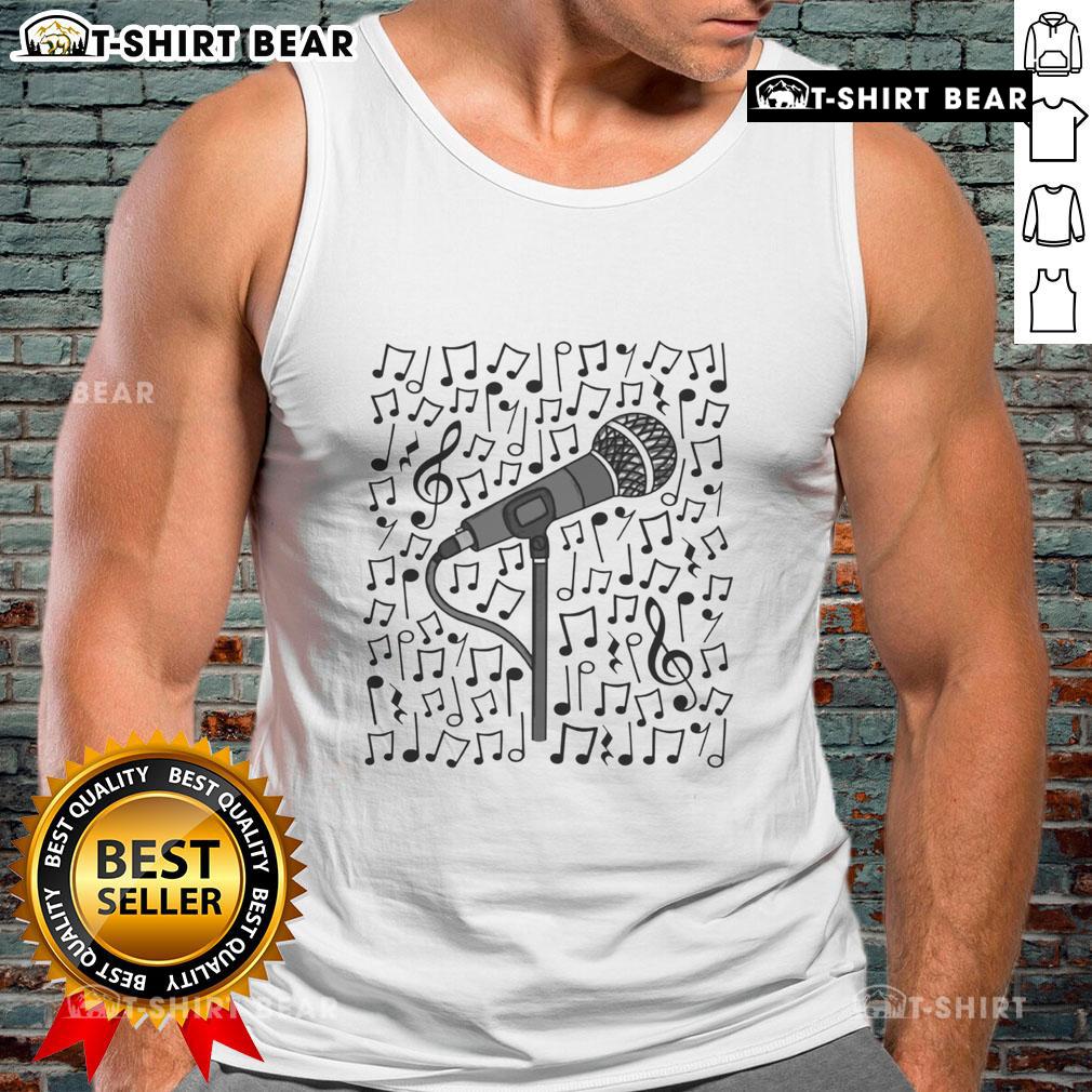 Premium singer microphone with musical notes design on a tank top for singing teachers and musicians.