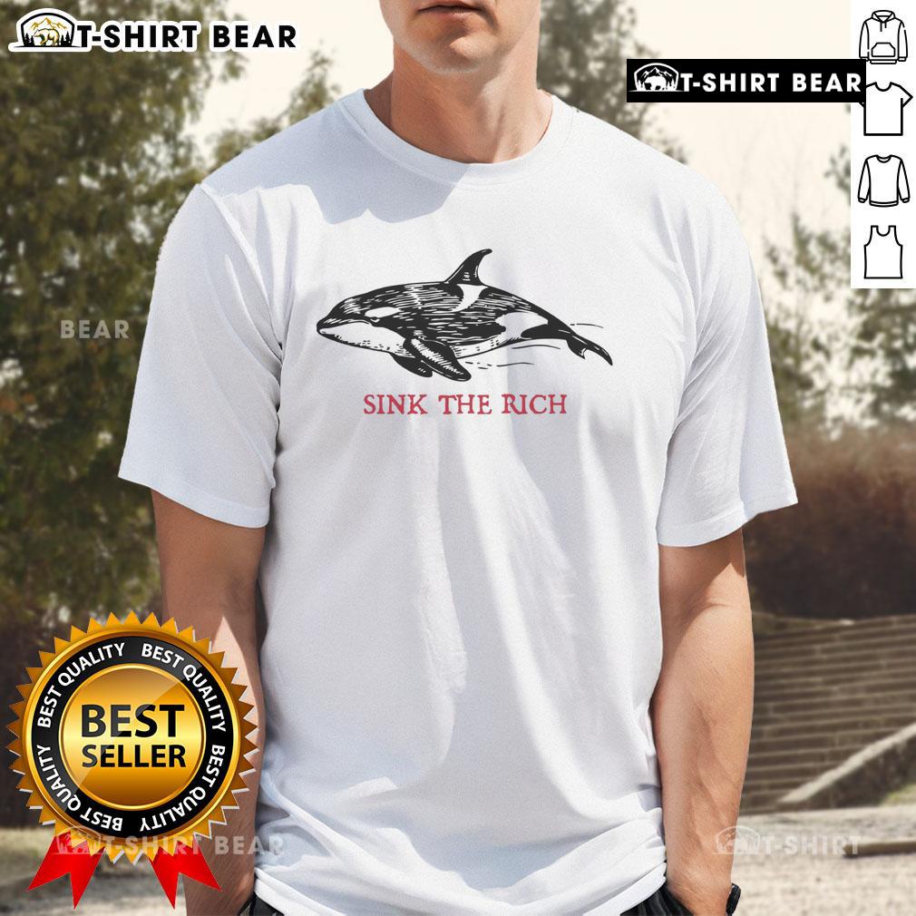Alt Text: Premium 'Sink The Rich' Anti-Capitalist Orca T-Shirt design featuring a bold graphic of an orca and protest message.