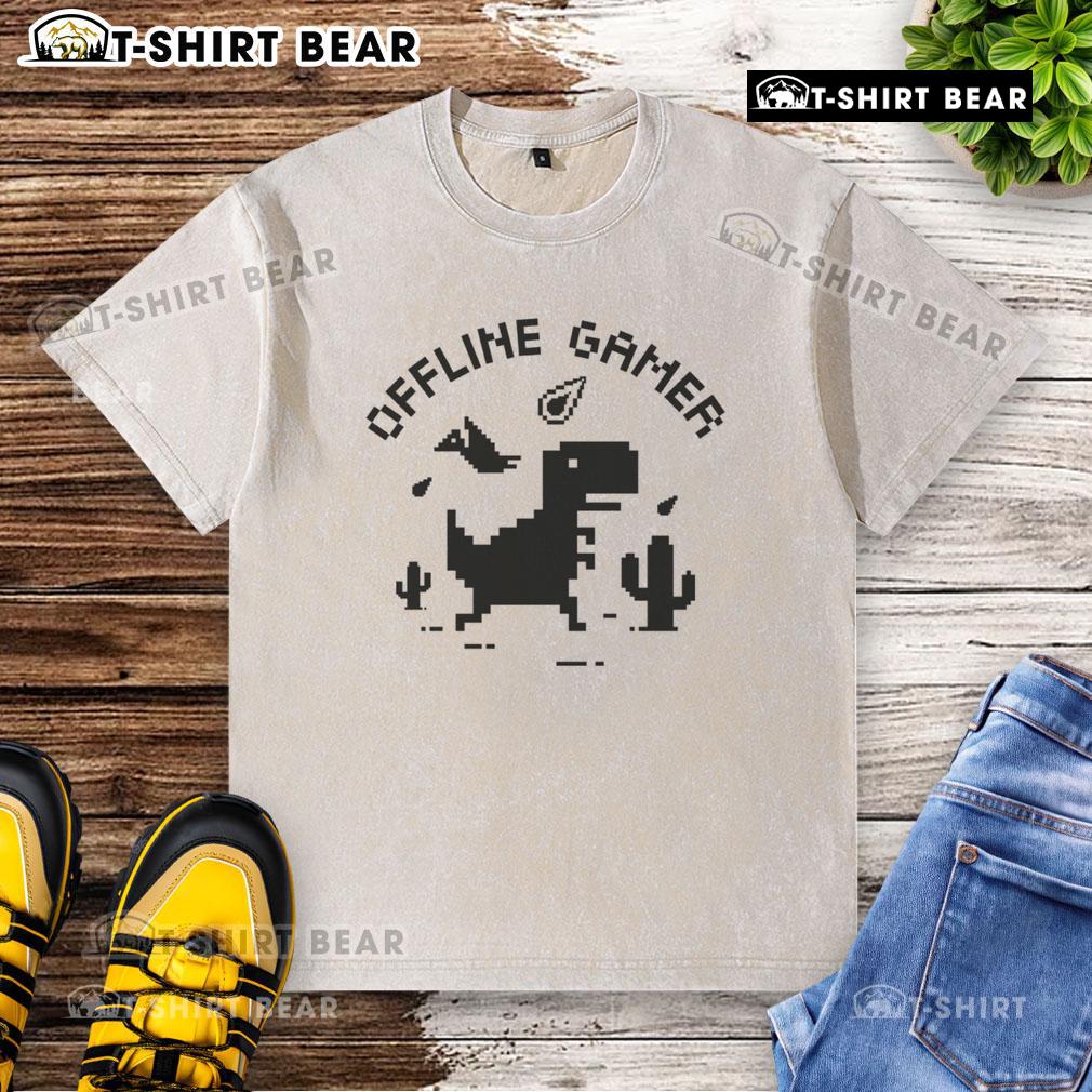 Premium T-Rex Dinosaur Game Offline Gamer washed t-shirt in blue, featuring a fun dinosaur graphic for gaming enthusiasts.