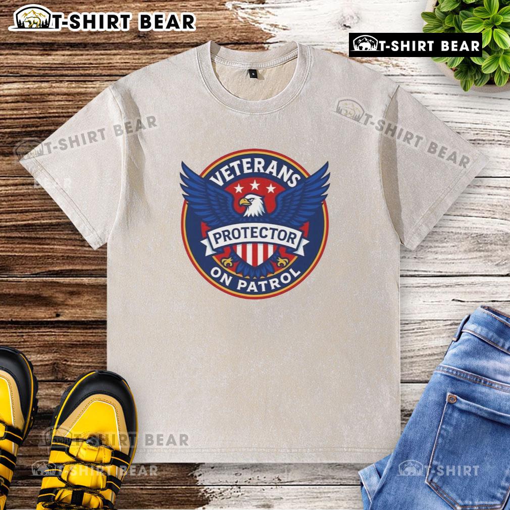 Alt Text: Premium Veterans On Patrol Protector Eagle Logo T-Shirt, featuring a stylish washed design for veterans.