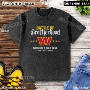Alt Text: Premium Washington Commanders Battle of Brotherhood burgundy and gold game-washed t-shirt for fans.
