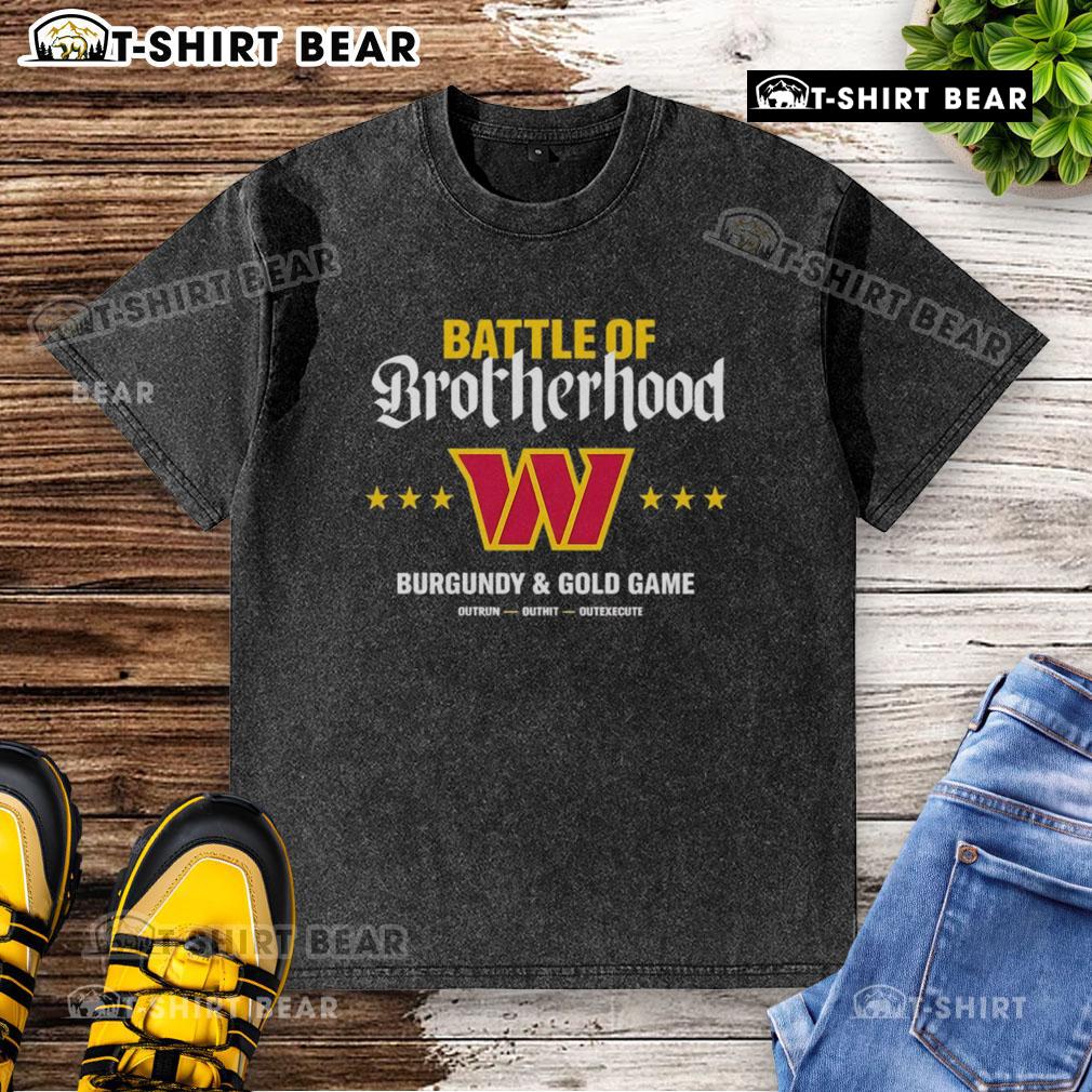 Alt Text: Premium Washington Commanders Battle of Brotherhood burgundy and gold game-washed t-shirt for fans.