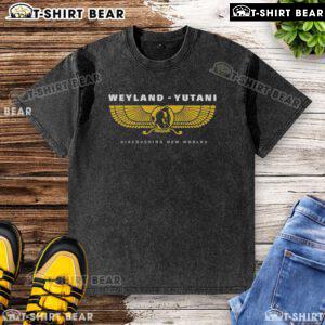 Alt Text: Premium Weyland-Yutani logo on a washed t-shirt, perfect for sci-fi fans and lovers of the Alien franchise.