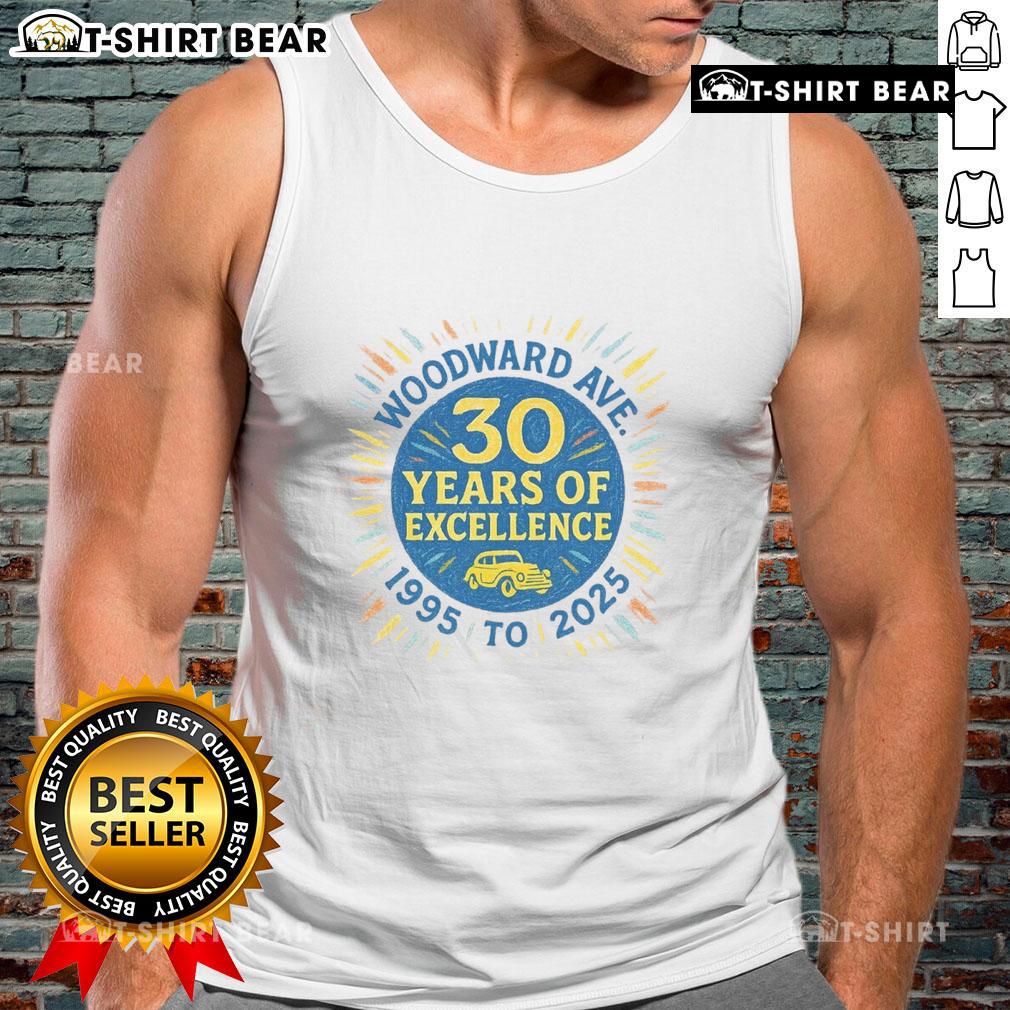 Premium Woodward Ave tank top celebrating 30 years of excellence, stylish design for casual wear in 2025.
