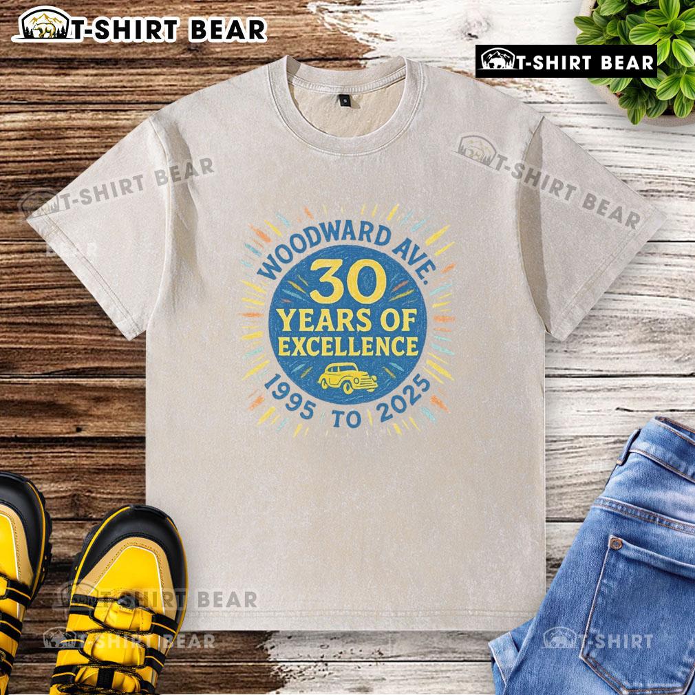 Alt Text: Premium Woodward Ave 30 Years of Excellence 2025 washed t-shirt featuring vintage design and quality fabric.