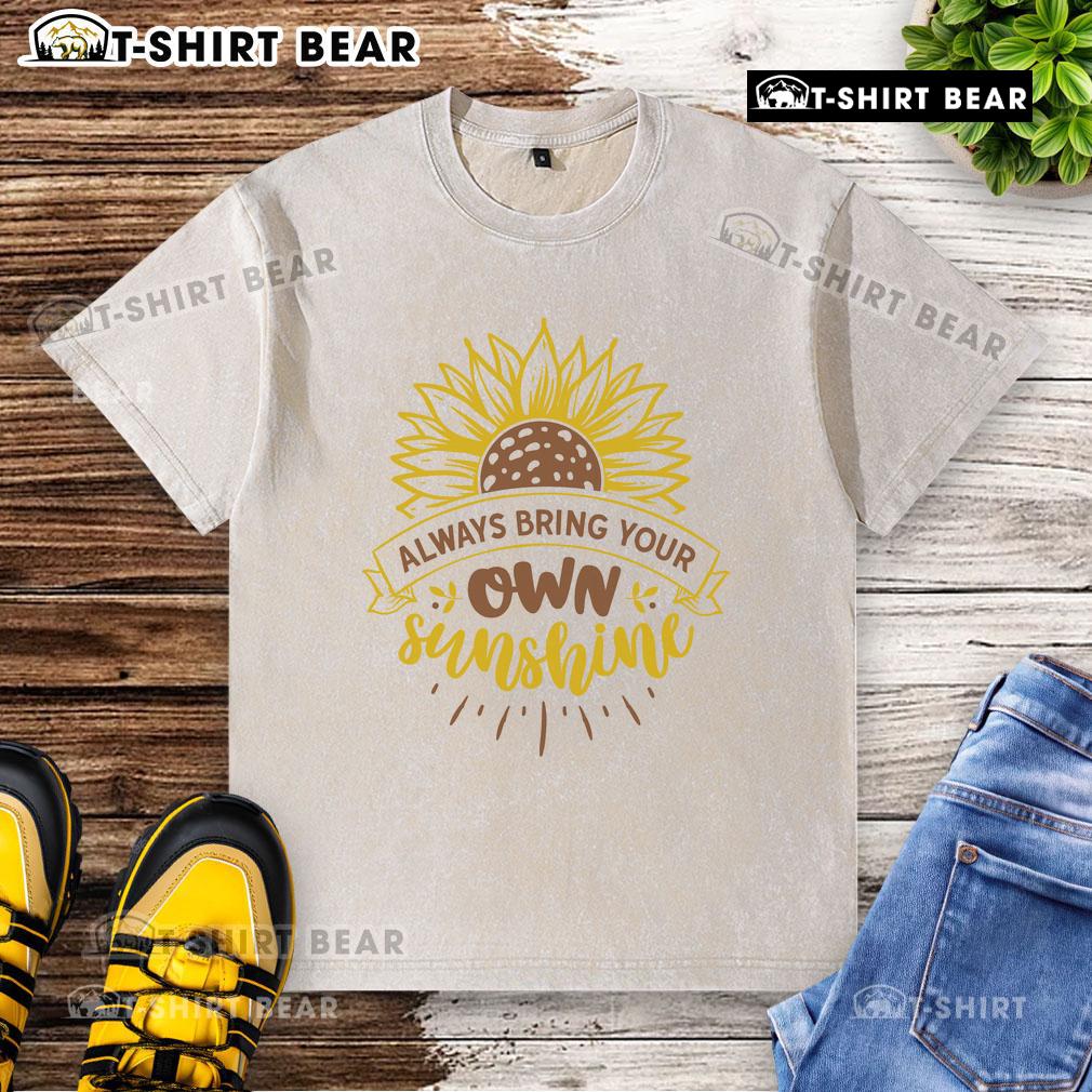 Alt Text: Pretty Always Bring Your Own Sunshine washed t-shirt in vibrant colors, perfect for casual summer outfits.