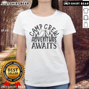 Pretty Camp Crew Adventure Awaits Ladies Tee featuring a stylish design perfect for outdoor adventures and camping trips.