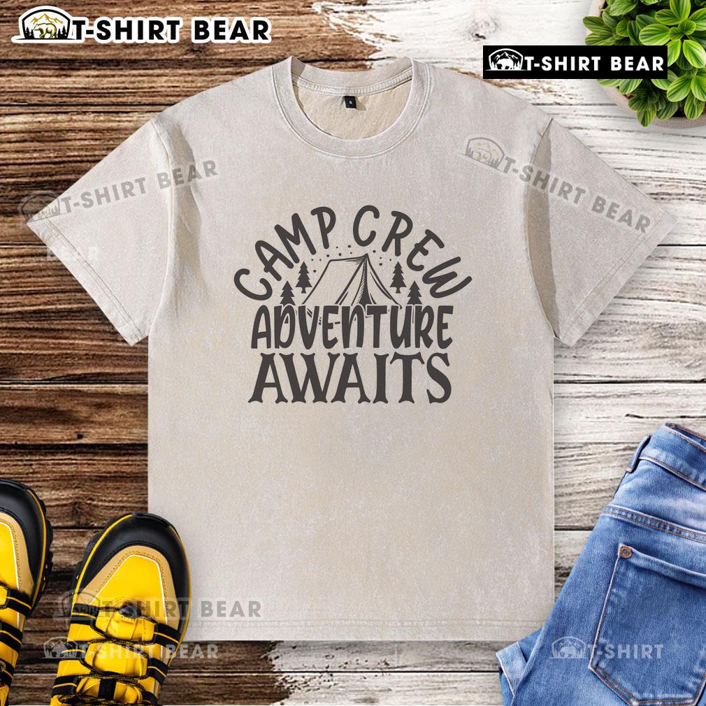 Pretty Camp Crew Adventure Awaits washed t-shirt featuring a vibrant design, perfect for outdoor enthusiasts and campers.