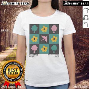 Pretty Electric Picnic Checkerboard Music and Arts Festival ladies tee featuring a vibrant checkered design in colorful hues.