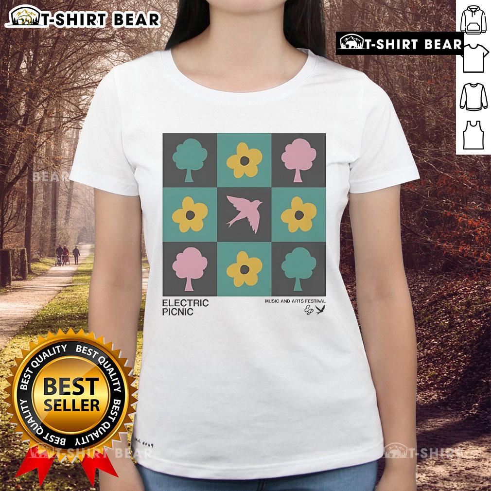 Pretty Electric Picnic Checkerboard Music and Arts Festival ladies tee featuring a vibrant checkered design in colorful hues.