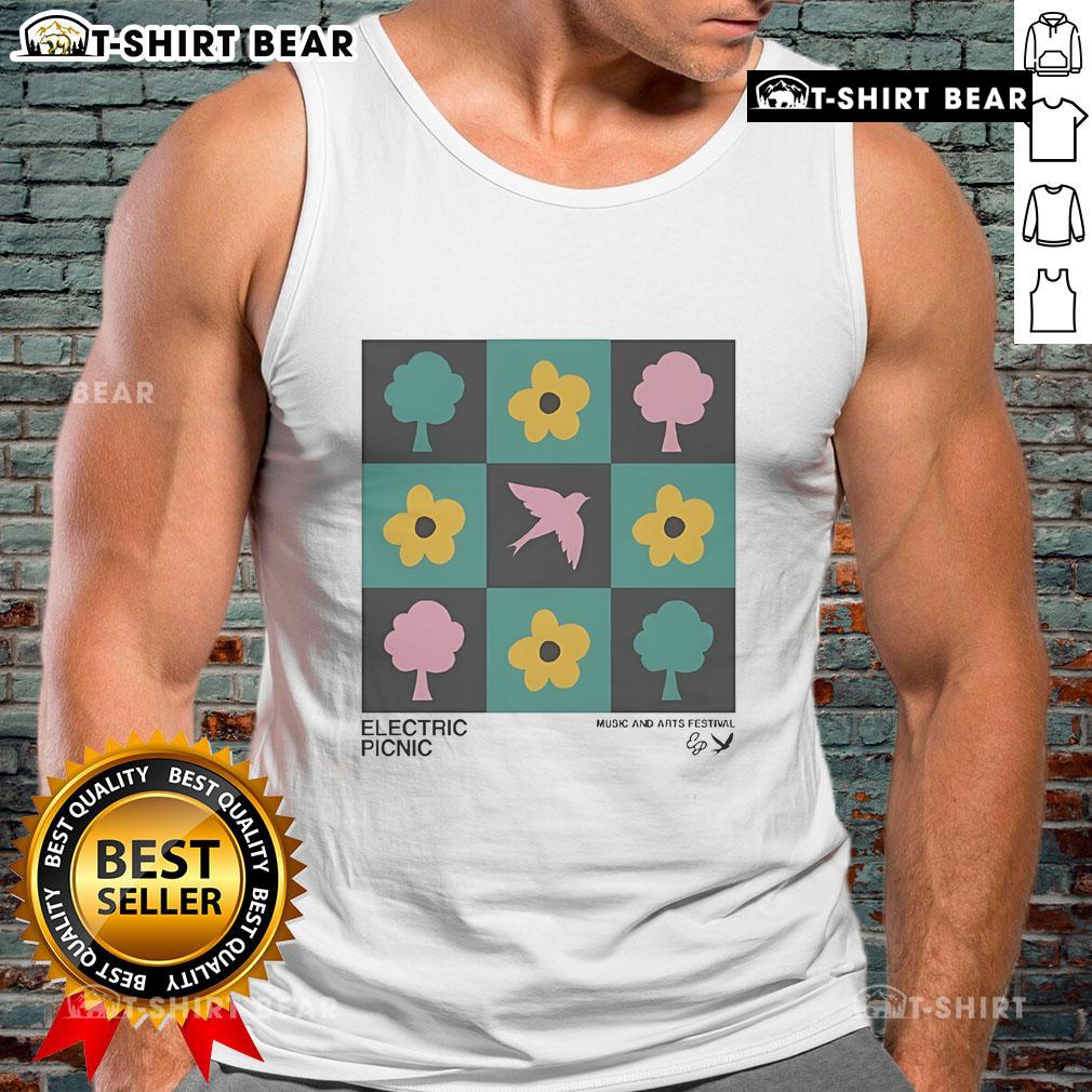Pretty Electric Picnic Checkerboard Music and Arts Festival tank top showcasing vibrant colors and unique design.
