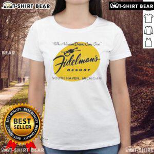 Vintage hotel ladies tee featuring Pretty Fidelman's Resort South Haven, where vacation dreams come true.