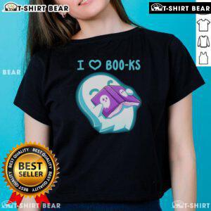 Cute ladies tee featuring a pretty ghost graphic with 'I Heart Boo-ks' text, perfect for Halloween lovers.