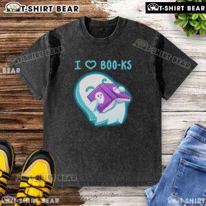 Alt Text: Cute washed t-shirt featuring a pretty ghost and I Heart Boo-ks design, perfect for Halloween enthusiasts.