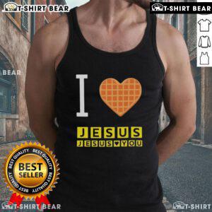 Alt Text: Pretty I Love Jesus Jesus Loves You Waffle House tank top featuring a stylish graphic design for faith-inspired fashion.