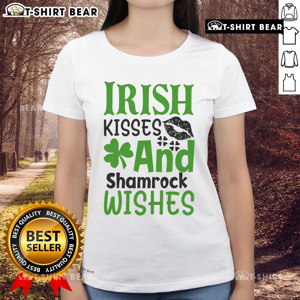 Alt Text: Pretty Irish Kisses and Shamrock Wishes Ladies Tee featuring festive St. Patrick's Day design and vibrant colors.