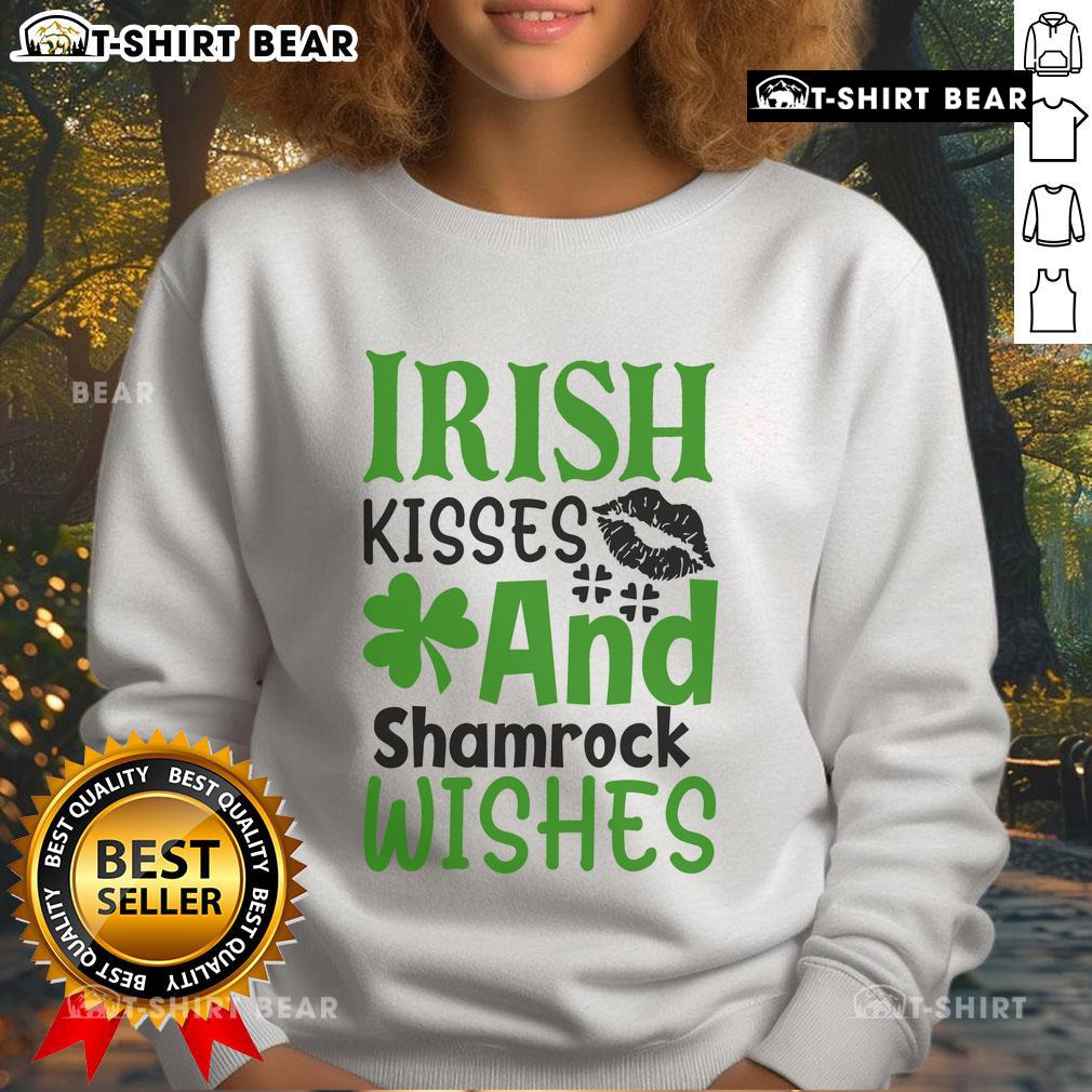 Cozy Pretty Irish Kisses and Shamrock Wishes sweatshirt featuring festive green design, perfect for St. Patrick's Day celebrations.