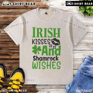 Pretty Irish Kisses and Shamrock Wishes washed t-shirt featuring a vibrant shamrock design perfect for St. Patrick's Day.