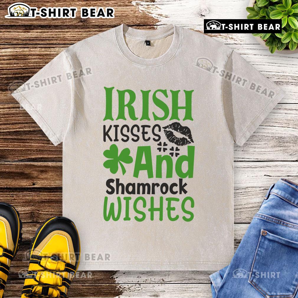 Pretty Irish Kisses and Shamrock Wishes washed t-shirt featuring a vibrant shamrock design perfect for St. Patrick's Day.
