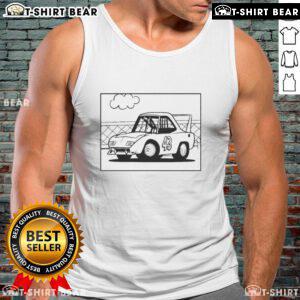 Stylish cartoon of a classic Plymouth car on a trendy tank top, perfect for car enthusiasts and summer fashion.
