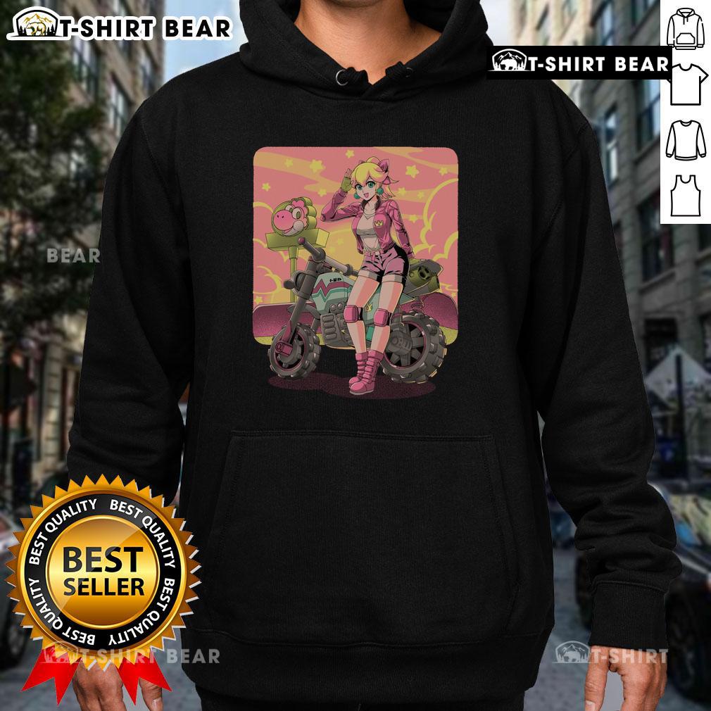 Pretty Princesses Peach Motorcycle Cross Country Retro Anime Gamer Hoodie featuring vibrant colors and playful design.