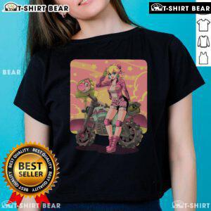 Alt Text: Pretty Princesses Peach Motorcycle Cross Country Retro Anime Gamer Ladies Tee featuring vibrant colors and playful design.
