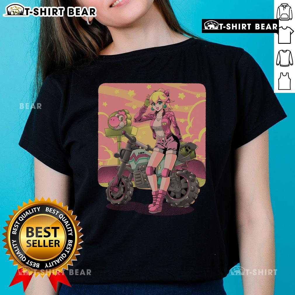 Alt Text: Pretty Princesses Peach Motorcycle Cross Country Retro Anime Gamer Ladies Tee featuring vibrant colors and playful design.