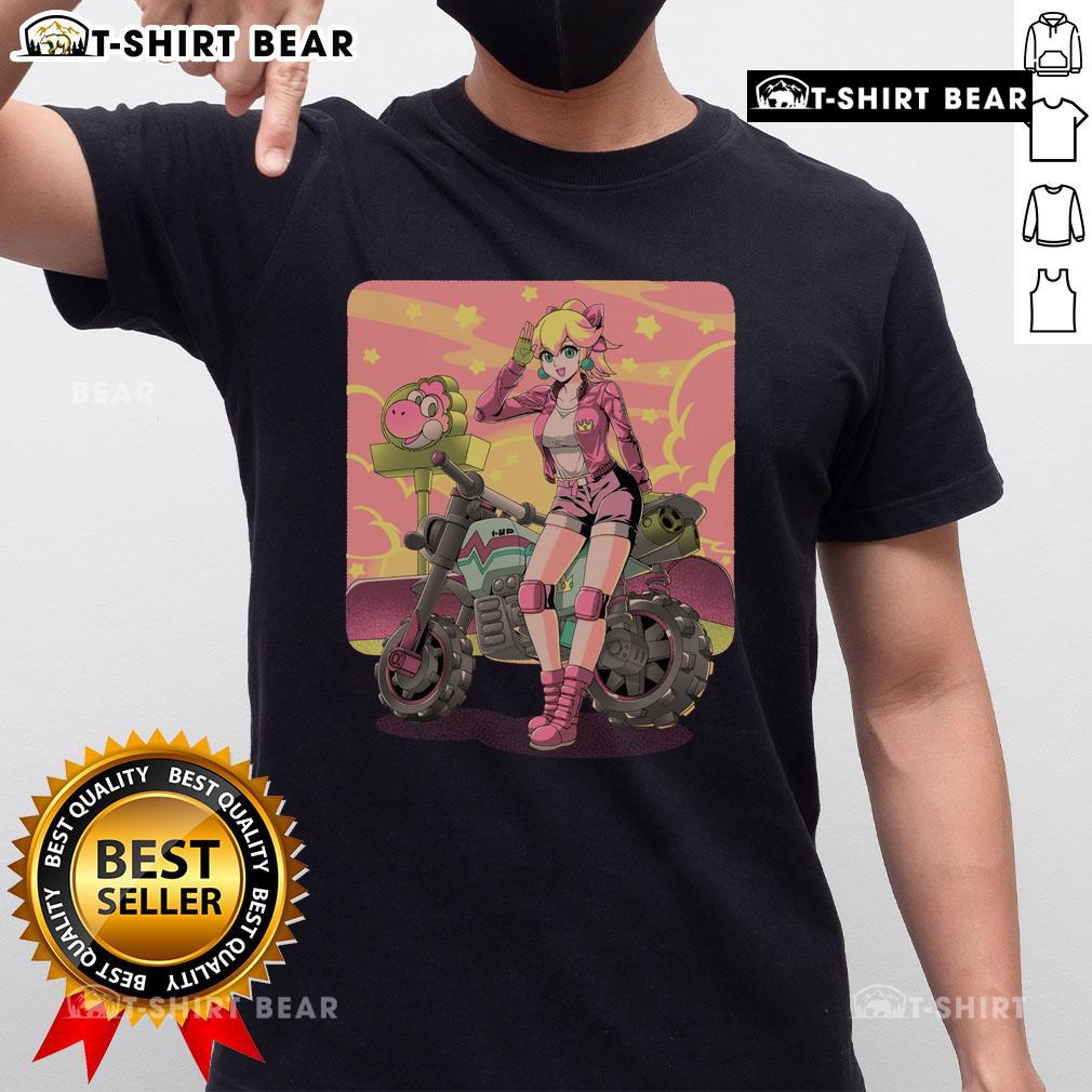 Alt Text: Pretty Princesses Peach motorcycle cross country retro anime gamer T-Shirt featuring vibrant colors and playful design.