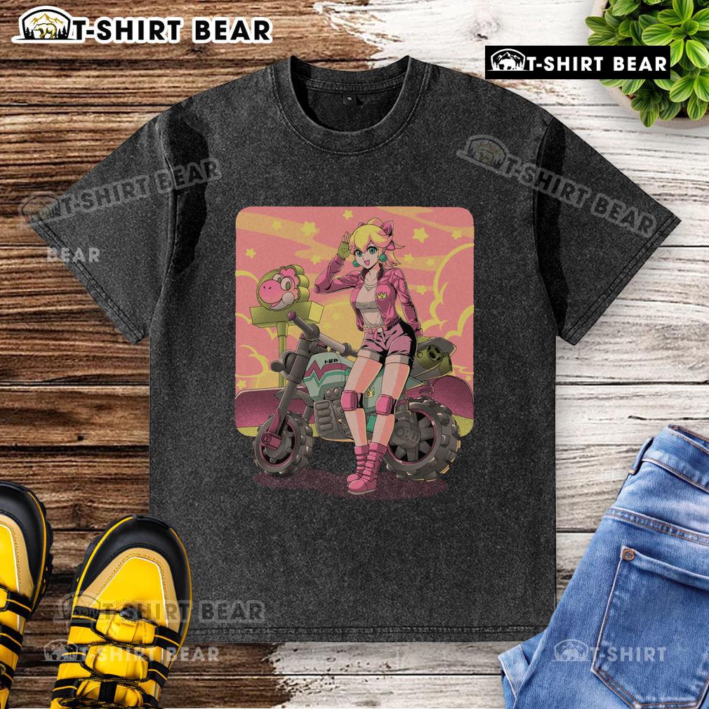 Pretty Princesses Peach Motorcycle Cross Country retro anime gamer washed t-shirt featuring vibrant graphics and soft fabric.