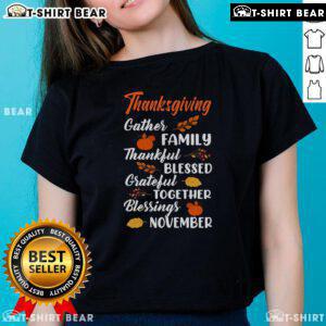 Pretty Thanksgiving family tee featuring 'Blessed, Thankful, Grateful' design for ladies, perfect for November celebrations.