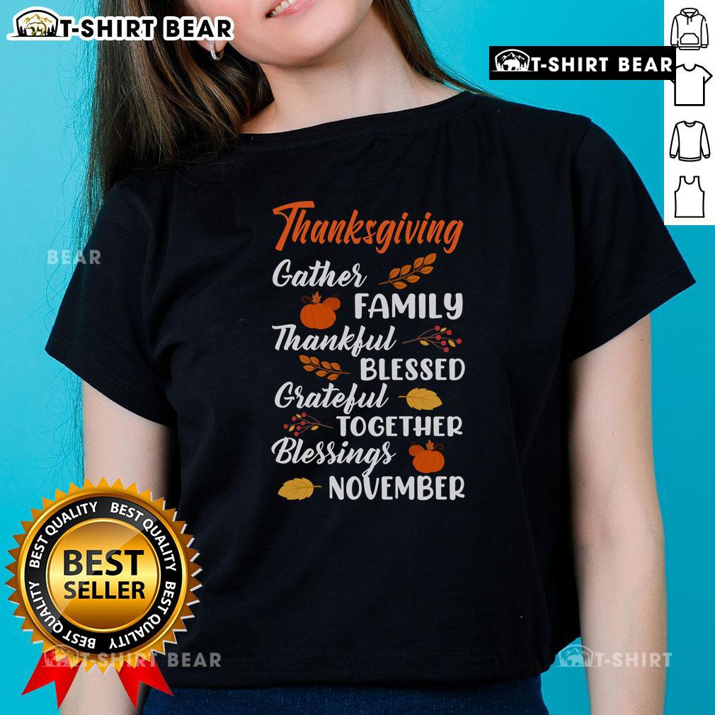 Pretty Thanksgiving family tee featuring 'Blessed, Thankful, Grateful' design for ladies, perfect for November celebrations.