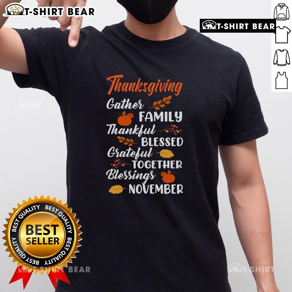 Pretty Thanksgiving family wearing a 'Blessed Thankful Grateful' November T-shirt, celebrating together.
