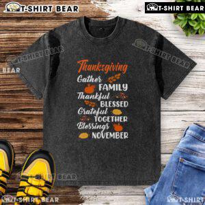 Family wearing 'Thankful Grateful Blessed' Thanksgiving t-shirts, celebrating together in November, joyful and festive atmosphere.