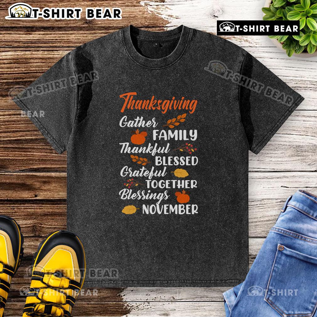 Family wearing 'Thankful Grateful Blessed' Thanksgiving t-shirts, celebrating together in November, joyful and festive atmosphere.