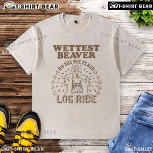 Alt Text: Pretty wet beaver on a log ride at an amusement park, showcasing a washed t-shirt and splashes of water.