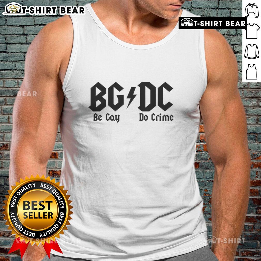 Top BGDC Be Gay Do Crime Tank Top featuring vibrant colors and bold text, perfect for pride events and casual wear.